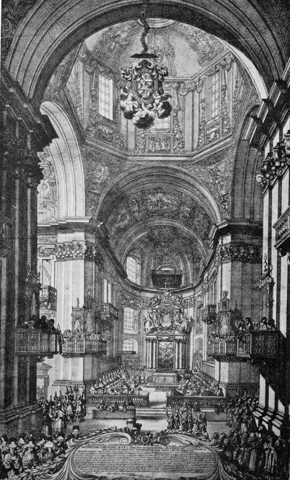 A 17th-century engraving of the interior of Salzburg Cathedral with singers and musicians on balconies at the crossing and a crowd in the nave